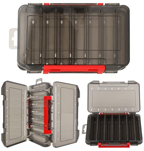 Jemey Köderbox Angeln, 19,5 x 12 x 3,6 cm Doppelseitig Köderbox Angeln mit Tragegriff, 14 Fächer Hardbait Box Tackle Box für Hardbaits Wobbler Gummiköder Angel Zubehö