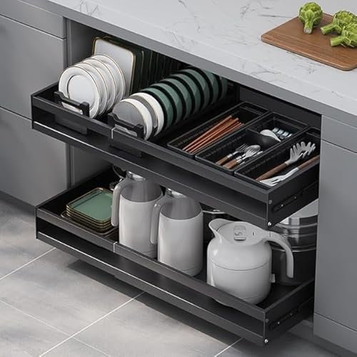 Glenmi Teleskop-Küchenschublade: Vereinfachen Sie die Organisation Ihrer Küche mit unserem benutzerfreundlichen Design, bei dem Sie keine Löcher stanzen müssen.(B(2pcs),32-52cm)
