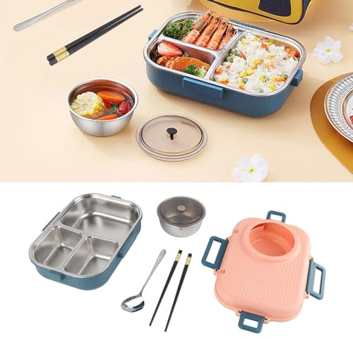 BAFOVY Térmica Caja de Acero Inoxidable con Diseño de 3 Rejillas de Doble Capa con Capacidad de 1100 Ml, para Adultos, Adolescentes, Niños, con Tazón de Sopa, para Comidas (PINK)