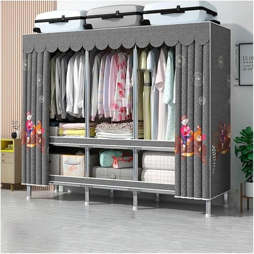 Tragbarer Kleiderschrank, großer Kleiderschrank mit 3 Ablagen und 3 Hängestangen, Metall-Kleider-Organizer für Schlafzimmer, Kleiderständer (A)
