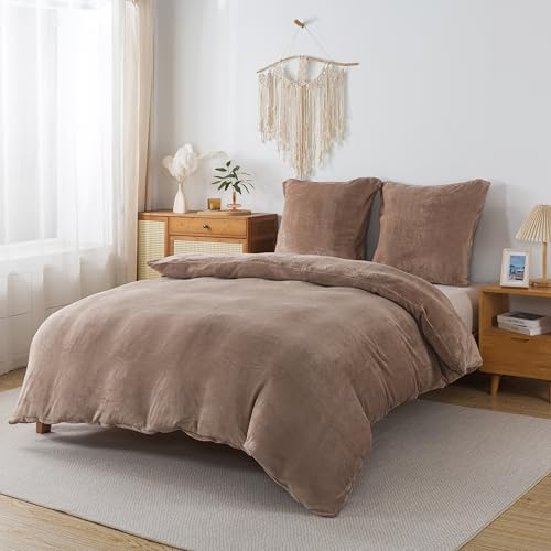WUMIUER Juego de ropa de cama de felpa de 200 x 220 cm, color marrón café, 3 piezas, franela cálida y mullida, funda nórdica y 2 fundas de almohada de 80 x 80 cm, tacto de cachemira, suave y acogedora