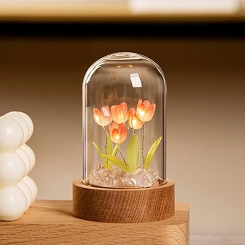 Beufee Tulips Flower Light, Cute Forever Tulip Lamps Fake Flowers Night Light Table Lamp LED Decorations Lamp Glass Need to Assemble by Oneself Table Lamp (Red)
