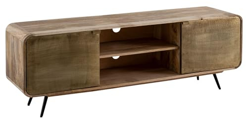 FineBuy Lowboard Mango Massivholz 160x55x41 cm TV-Kommode mit Zwei punzierten Türen, Design TV-Schrank Hoch, Fernsehtisch Fernsehschrank Modern, Fernsehkommode Wohnzimmer Braun