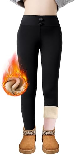 FILOWA Fleecefodrade leggings flickor barn hög midja leggings med fickor stretchiga tights termiska byxor tjocka ull varma byxor skola bas vardaglig höst vinter för barn 4-14 år, svart grå, Svart, 5-6