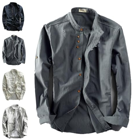 YOMACY Camisa Katana de estilo japonés para hombre, algodón y lino, cuello alto, doble botonadura, camisas de cuello chino para hombre (gris oscuro, M)