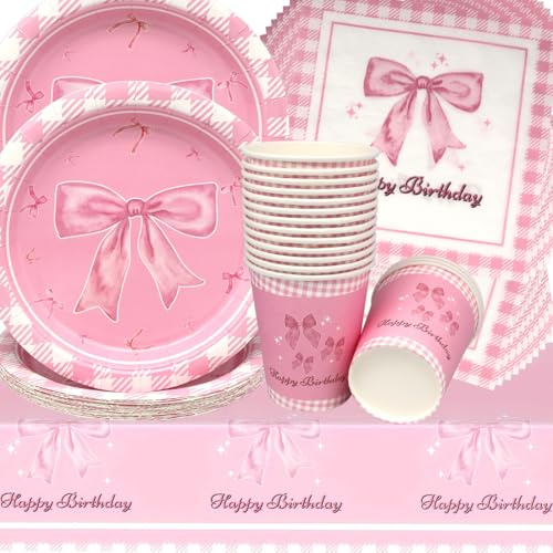 Doyomtoy Fliege Geburtstag Deko, 53 Stück Mädchen Partygeschirr Set Ballett Geburtstag Party Set Geburtstagsteller Tassen Servietten Rosa Schleife Geburtstags für Kinder Party