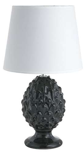 Baroni Home Lampada da Tavolo in Ceramica, Lampada con Paralume in Tela Bianca – Design Elegante, Lampda a Filo 120 cm, Attacco E27, Decorazione per la Casa 25x25x45 cm (Pigna Nera)