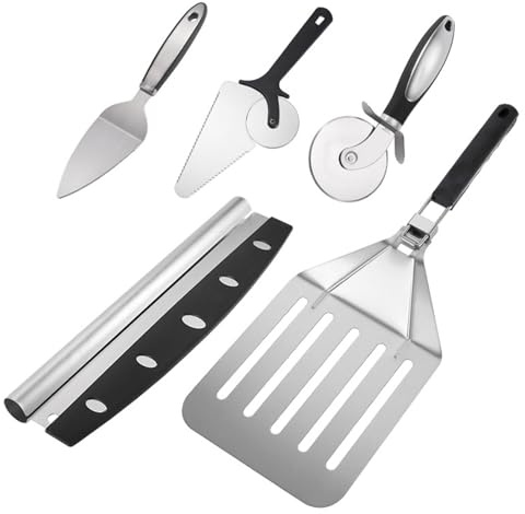 5PCS Pizza Cutter Pizza Peel Pizza Pan Set, Pizza Tool Set for Pizza Cutting And Transfer, Includ Roller Pizza Shovel, Pizza Shovel, Pizza Wheel, Pizza Cutter, Stainless Steel Large Leakage Shovel