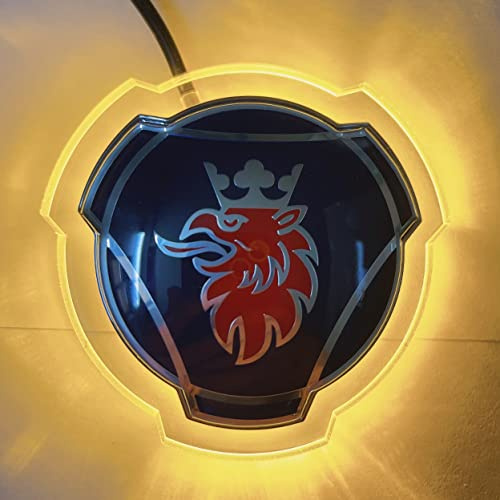 1 Set Blau-Silber Emblem für Scania Auto LKW Front Kühlergrill Motorhaube Abzeichen Emblem mit 24V LED-Beleuchtung Beleuchtetes Zubehör Lichtleiste (Gelbe Beleuchtung)