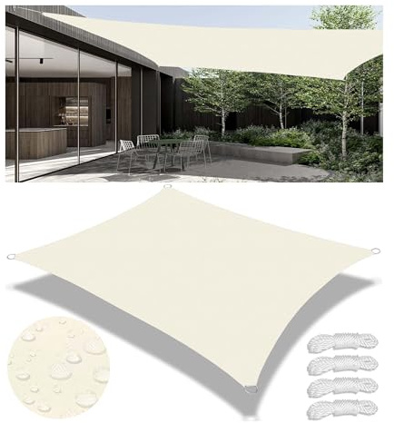 Sonnensegel Wasserdicht Rechteckig Viele Farbe Größe Balkon Sonnenschutz UV Schutz Segeltuch Sonnensegel Markise Reißfest Wetterfest mit D-Ring Kordel für Balkon Terrasse Garten Creme 1x3M