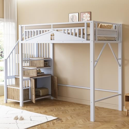 Metall-Hochbett 90 x 200 cm, Metall-Sicherheitszaun mit Metallkugel und Fensterdesign, Kletterleiter von Links nach rechts austauschbar, Sicherheitsleiter mit Spinden (Weiß, 90 x 200 cm)