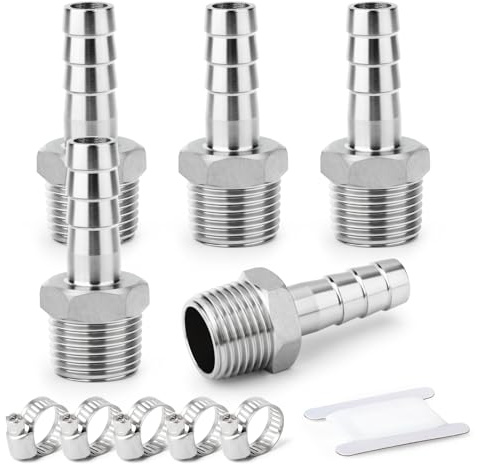 TAISHER 5 stycken smide av 304 rostfritt stål från luftslangbeslag, slang, Barb Fittings 12 mm Barb x 3/4 tum MBSP Pipe Adapter med 5 stycken slangklämmor