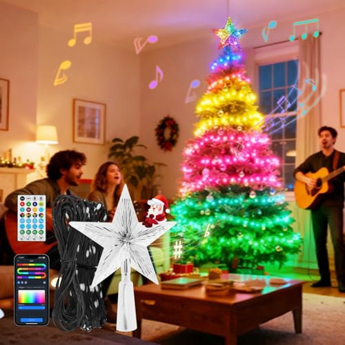 Aigostar RGBIC Guirnalda de Luces Exterior e Interior con Estrela de Árvore de Natal- 13M 100 LED Guirnaldas Luces con Enchufe, 39 Modos, Música, DIY, App, IP44 para Decoração de Halloween e Natal