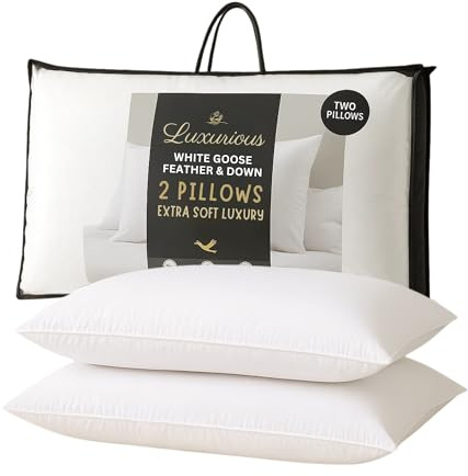 Aira Collection Premium Hotel Quality Goose Feather and Down Pillows – 2 Pack |Ethically Sourced Fill | Hypoallergenic & Breathable Pure Cotton Cover | Ideal for All Sleep Positions