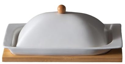 beurrier Beurrier rectangulaire en céramique blanche avec couvercle, beurrier de grande capacité avec plateau en bois avec couvercle