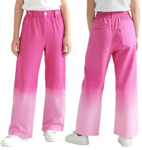 Domueay Jeans Filles Baggy Pantalon Enfants Large Leger avec Taille Élastique Loose Fit Long en Denim Jeans Doux Mode Casual Vetement Décontracté Ado Streetwear pour 7-8 Ans, Rose