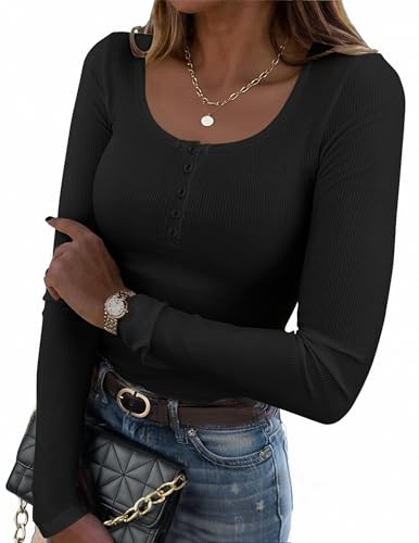 Zeagoo Women's Long Sleeve Tops Henley Neck Ribbed T Shirts Slim Fit Tee | Basic Stretch Tops, Knit Shirt, Fall Winter