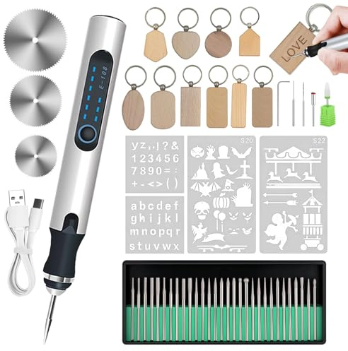 Elektrischer Gravierstift mit 37 Bits Kabellos Gravur Werkzeug Kit Tragbar Mini Graveur Gravurwerkzeug mit 10 Schlüsselanhänger aus Holz für Glas, Holz, Stein, Kunststoff