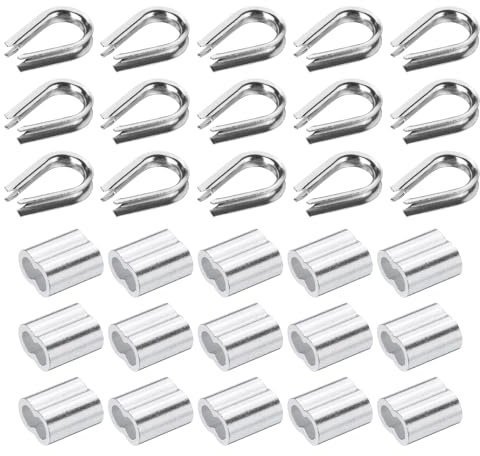 PATIKIL 40st M4 304 rostfritt stål vajer kabelsats, vajer kabel klämma, rör fingerborg och krympögla för 5/32 tums vajer kabel fingerborgar, silver