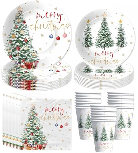 LATERN 100 Piezas Vajilla de Papel para Fiestas Navideñas, 25 x 23CM Platos de Llanos, 25 x 19CM Platos de Ensalada, 25 x 270ml Vasos, 25 x 16CM Servilletas - para Navideña Invernal Fiesta Decoración