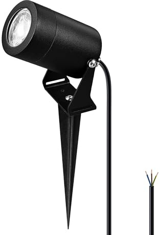 JNR Edelstahl LED Gartenbeleuchtung mit Strom und Erdspieß, Schwarz | IP65 Wasserdicht Gartenlampen für Draußen Strom mit 2M Kabel Kein Stecker, Gartenleuchten 5W GU10 3000K Warmweiß Glühbirne