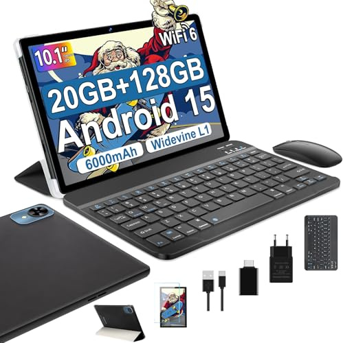 fezawio 2026 Tablet 10 Pollici Android 15 Con 20GB RAM + 128GB ROM (TF/1TB),Widevine L1,1280 * 800 IPS,Octa-Core,GMS, Bluetooth 5.0&5G WiFi 6,5MP + 8MP,Tablet PC Con Custodia,Tastiera e Mouse,Nero