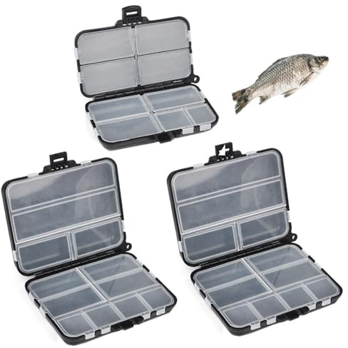 Esforzarse 3 cajas de cebo de pesca, doble compartimento, 2 tamaños, caja de almacenamiento para accesorios de pesca, cebo de pesca con cuerda de mano y compartimentos individuales ajustables