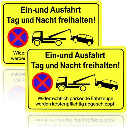 Yisphere 2 Stück Einfahrt Freihalten Schilder, 30X20 cm Aluminium Ausfahrt freihalten Schild, Signalgelb Privatparkplatz Schild - selbstklebend Parken verboten - Hier Wird abgeschleppt