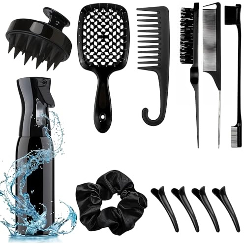 12Pcs Hair Comb & Detangling Brush Set for Women | Curly Hair Styling Kit with Spray Bottle & Sectioning Clips | Professional Salon Hair Tools - 36** (Black)