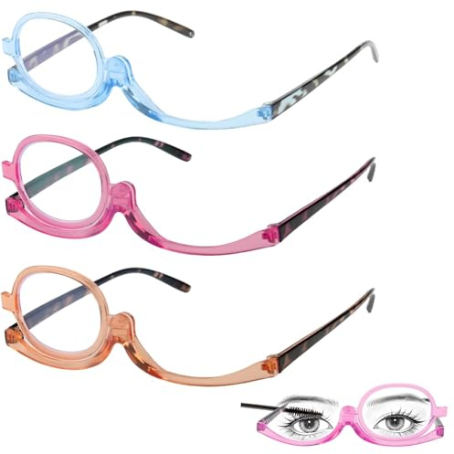 3PCS Makeup Glasses with Flip Up Lens, Makeup Reading Glasses for Women Girls Rotating Make Up Magnifying Eyewear for Precision Application Folding Single Lens Eyeglasses for Left & Right Eye(+2.50)