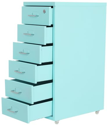Rullcontainer lådskåp med 6 lådor (8–10 kg lastkapacitet per nivå), 28 x 41 x 69 cm arkivskåp kontorsskåp multifunktionskåp av kallvalsat stål för sortering av filer och kontorstillbehör (blå)