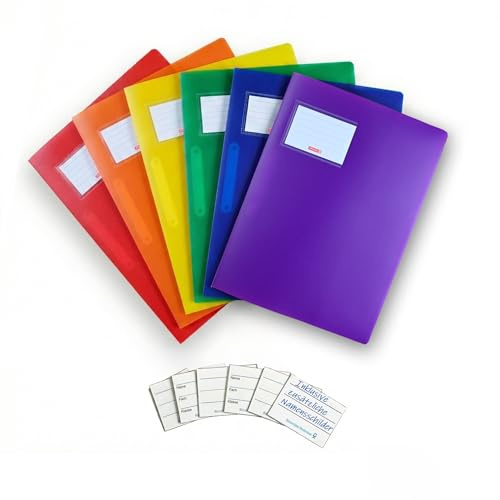 Brunnen | stabile Plastik Schnellhefter FACT!pp 6er Set für Format A4, aus transluzentem PP, mit Namensschild, mit Einstecktasche, rot, blau, grün, gelb, orange, lila + 6 Namensschilder