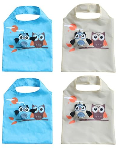 YARNOW Einkaufstaschen 4 Stück Faltbar und Leicht Polyester mit Eulen Cartoon Wiederverwendbar für Supermarkt und Ausflüge für Damen und Mädchen Zufällige Farbe