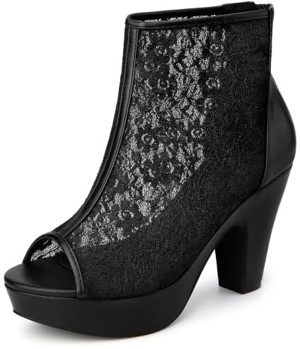 Allegra K Women Lace Peep Toe Platform Chunky Heel Ankle Boots | Block heel. Back zip closure. Open silhouette. Elegant flower vamp. Ideal for parties, weddings, club nights