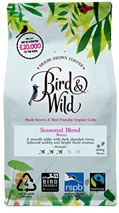 Fairtrade Organic Coffee Beans 200g - Medium Roast - Shade Grown Bird Friendly Certified - Bird And Wild Coffee - Strength 3 - Donation to RSPB - All Coffee Machines- 100% Arabica