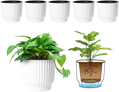 T4U 15cm Selbstbewässerung Blumentopf mit Untersetzer, Blumentopf Draussen und Innen für Orchideentopf, Kunststoff Selbstbewässerungstopf Klein Weiß 6er-Set