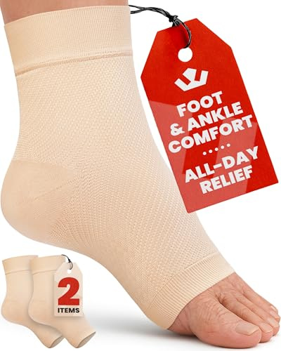 KEMFORD Ankle Compression Sleeve - 1-Pair, Plantar Fasciitis Braces - Open Toe Compression Socks for Swelling, Sprain, Neuropathy, Foot Arch Support for Men and Women - 20-30mmhg, L, Beige