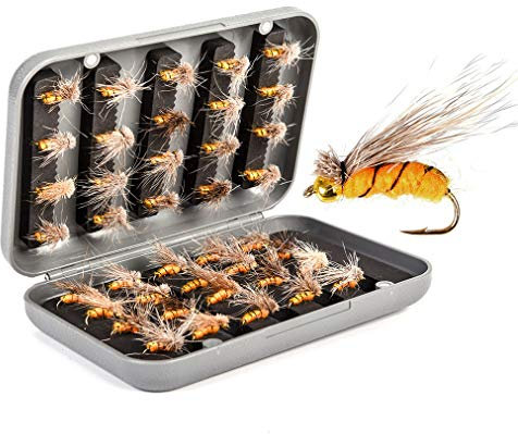 Fliegenfischen Zubehör, RoseFlower Professional Trocken Angel-Fliegen Kunstköder Set Trockenfliegen Fliegenköder Fliegenfischen Köder Set mit Wasserdichte Box für Zander Bass Fischbarsch Lachs Forelle