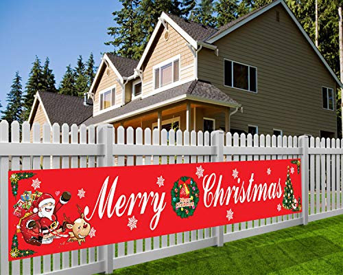 HOWAF Merry Christmas Banner for Party Decoration, Indoor/Outdoor, Xmas Banner for Garden, Wall, Table Decoration, Photo Booth Backdrop, 9.8 * 1.6 Feet