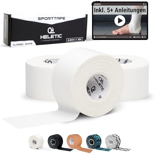 HELETIC Sporttape 3,8cm x 10m Athlete Edition - Tape mit extra starker Klebkraft, leicht abreißbar & wasserabweisend (White (3 Rollen))