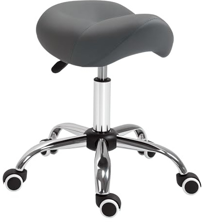 HOMCOM Sgabello da Lavoro a Sella con Ruote e Altezza Regolabile per Negozi Parrucchiere e Tattoo, 52x53x49-61cm Grigio