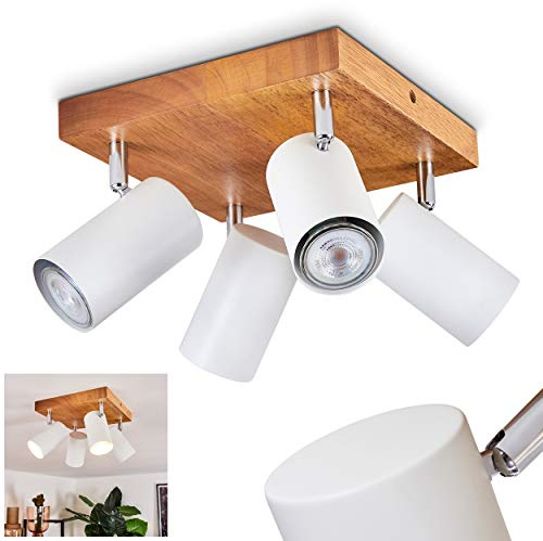 HOFSTEIN Deckenleuchte Zuoz, verstellbare Deckenlampe aus Metall/Holz in Weiß/Naturfarben, Leuchte im Boho/skandinavischen Design mit Holzbalken, 4 x GU10, Wohnzimmer, Esszimmer, Schlafzimmer, Küche
