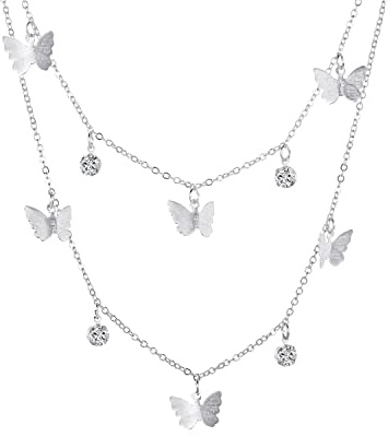 Vintage Zweireihig Halskette mit Schmetterling Anhänger Silber für Frau Frauen Mädchen Damen,Boho Mehrreihige 2 Reihig Retro Butterfly Necklace Choker Kette Mode Schmuck Freundin Mutter Geschenke