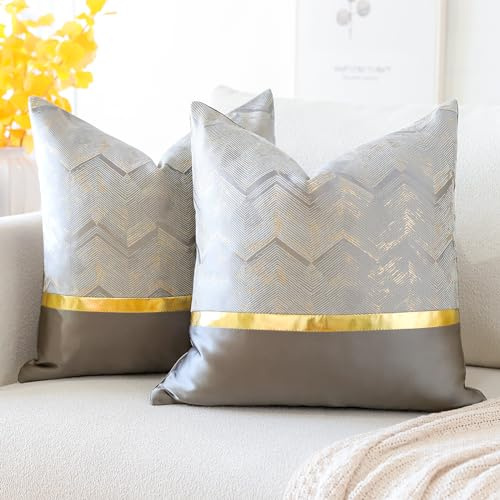 Artscope 2er Set Kissenbezug für Sofa Auto Schlafzimmer Luxuriöser Moderne Minimalist Goldenen Ledernähten Wellenstreifen Dekokissen Kissenhülle Kissen Fall 50x50cm (Silber)