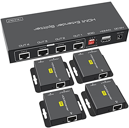 VPFET HDMI Extender Splitter Up to 165ft 1 in 4 Out Over Cat5e or 6 or 7 Repeater Balun Ethernet Sender Transmitter Receiver Support 1080p EDID Presets POC is Only Need TX Power for Work