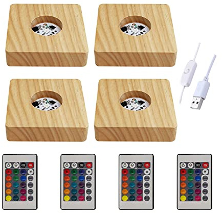 Base d'éclairage en bois, base d'affichage de lumières LED colorées avec télécommande, 16 couleurs, base de lampe USB pour cristaux, verre, résine, art (carré)