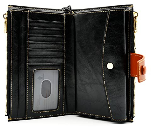 ANDOILT Geldbörse für Damen, RFID-blockierend, echtes Leder, Bifold Multi-Karten-Organizer, Handgelenktasche, Handy-Handtasche, W2 Schwarz, Einheitsgröße