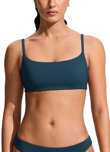 CRZ YOGA A-C Scoop Neck Bikini Tops for Women - Padded Adjustable Bathing Swimsuit Spaghetti Straps Swim Sports Bra Insignia Blue Small