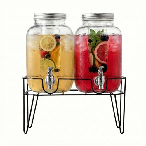Style Setter Clifford Set of 2 Beverage Dispensers with Infuser & Metal Stand, Silver Lid, Cold Drink w/ 1 Gallon Capacity Glass Jug and Acrylic Spigot