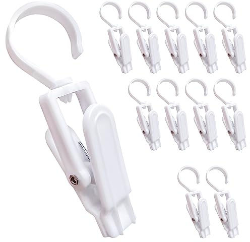12 Pcs Super Strong Plastic Swivel Hanging Hooks, Curtain Clips, Clothes Pins, Beach Towel Clips, Home Swivel Laundry Clips for Hats, Pants, Towels, Socks, Pants (White)